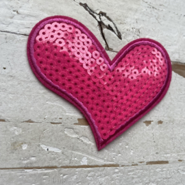 Strijkapplicatie hart roze pailletten 8cm.