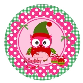 Flatback kerst uiltje polkadot fuchsia op groene ruit (k150)