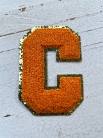 Opstrijkbare applicatie letter O  coral-goud glitter