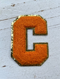 Opstrijkbare applicatie letter J  coral-goud glitter