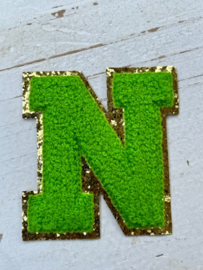 Opstrijkbare applicatie letter N  lime-goud glitter