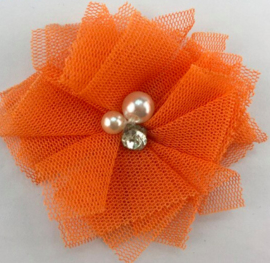 Bloem tule met parels & strass zwart 5cm.