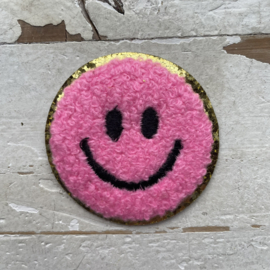Strijkapplicatie smiley teddy roze goud 5cm.
