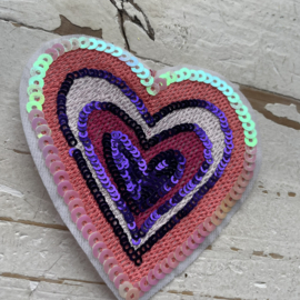 Strijkapplicatie hart multi kleur pailletten 8cm.