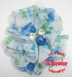 Bloem chiffon blauw flower met parels & strass 5cm.