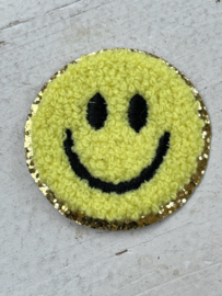 Opstrijkbare applicatie smile  geel-goud glitter