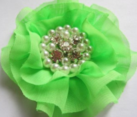 Luxe bloem met strass en parels neon geel 9cm.