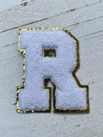 Opstrijkbare applicatie letter R  wit-goud glitter