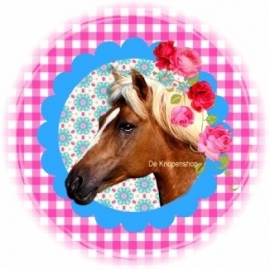 Flatback paard op fuchsia ruitje & blauw met bloemen (k063)