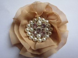 Luxe bloem met strass en parels beige/goud 9cm.