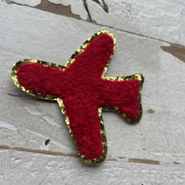 Strijkapplicatie vliegtuig teddy rood goud 5cm.