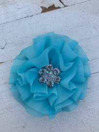 Luxe bloem met bloem strass  blauw 9cm.