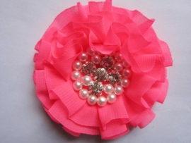 Luxe bloem met strass en parels neon roze 9cm.
