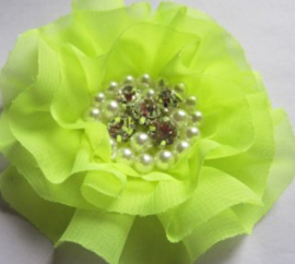 Luxe bloem met strass en parels neon geel 9cm.