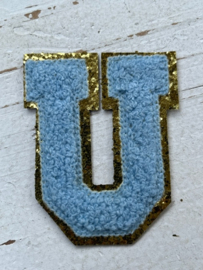 Opstrijkbare applicatie letter R  wit-goud glitter