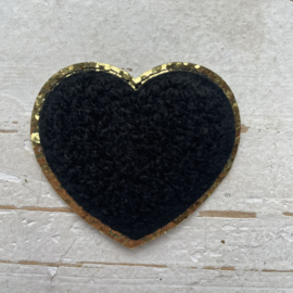 Strijkapplicatie hart teddy zwart goud 5cm.