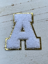 Opstrijkbare applicatie letter R  wit-goud glitter