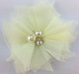 Bloem tule met parels & strass ivoor 5cm.