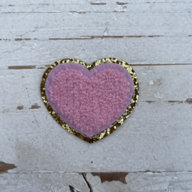 Strijkapplicatie hart teddy roze goud 5cm.