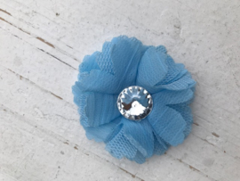 Bloem tule & chiffon met strassteentje teal 5.5cm.