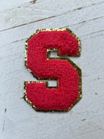 Opstrijkbare applicatie letter S  coral-goud glitter