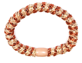 Haar elastiek/armband terra cotta - beige glitter. 