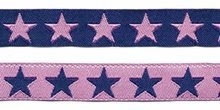 Donker blauw sierband met roze sterren 2-zijdig 12 mm