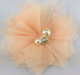 Bloem tule met parels & strass oranje 5cm.