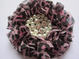 Luxe bloem met strass en parels tijger/panter roze 9cm.