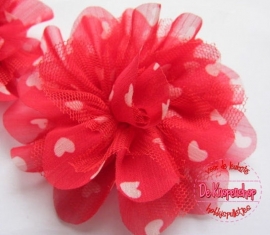 Bloem chiffon rood met hartjes 10.5cm. 