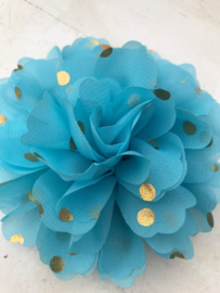 Bloem chiffon blauw polkadot goud 10cm.