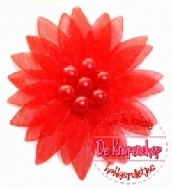 Organza bloem rood & 7 parels 3cm.