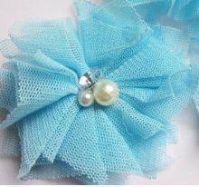 Bloem tule met parels & strass aqua 5cm.