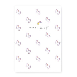 Sieraden kaart "Make a wish" met unicorn White-yellow pink