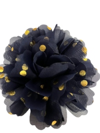 Bloem chiffon donkerblauw polkadot goud 10cm.