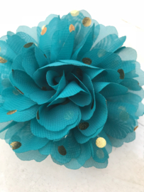 Bloem chiffon teal polkadot goud 10cm.