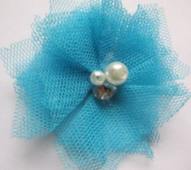 Bloem tule met parels & strass turquoise 5cm.