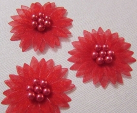 Organza bloem rood & 7 parels 3cm.