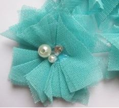 Bloem tule met parels & strass teal 5cm.