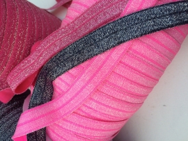Elastisch haarband neon roze met zilver glitter 1.6cm