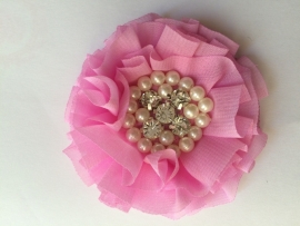 Luxe bloem met strass en parels roze 9cm.