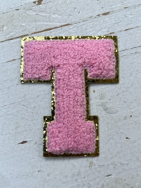 Opstrijkbare applicatie letter T  licht roze-goud glitter