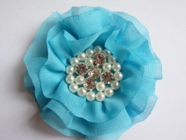 Luxe bloem met strass en parels aqua 9cm.