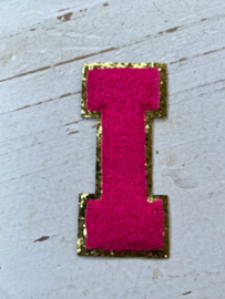 Opstrijkbare applicatie letter I  hot pink-goud glitter