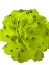 Bloem chiffon neon geel/groen polkadot goud 10cm.