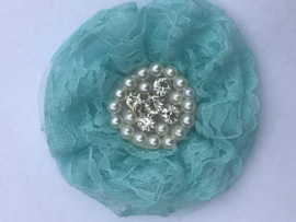 Luxe bloem kant met strass en parels mint blue 9cm.