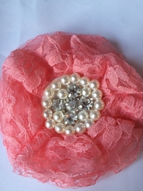 Luxe bloem kant met strass en parels coral 9cm.