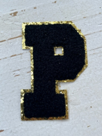 Opstrijkbare applicatie letter P  zwart-goud glitter