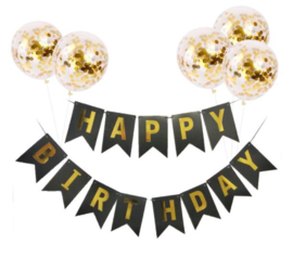 Vlaggenslinger - Happy Birthday - Zwart/goud-5 ballonnen