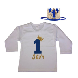 Shirt jongen getal 1 blauw-goud met naam + kroon